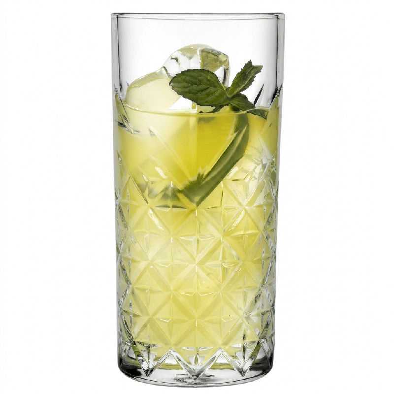 Pasabahce Timeless longdrinkglas på 29,5 cl i krystalklart glas med facetmønster