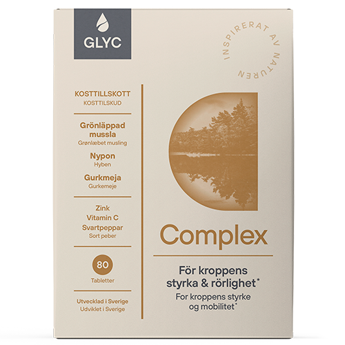 Pakke med Glyc Complex kosttilskud med C-vitamin, zink, hyben og musling, 80 tabletter