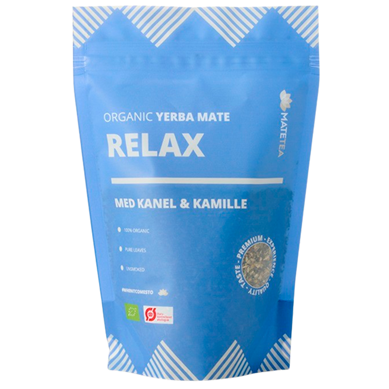 Matetea Yerba Mate Relax Kanel og Kamille, økologisk mate-te i pakke med 180 g