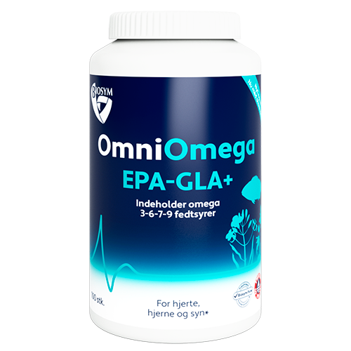 Pakke med Biosym OmniOmega EPA-GLA+ kosttilskud, 100 kapsler