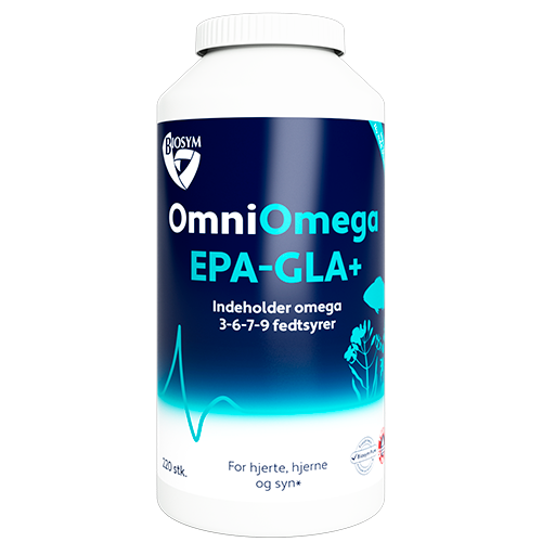 Beholder med Biosym OmniOmega EPA-GLA+ kosttilskud, 220 kapsler med fiske- og planteolier