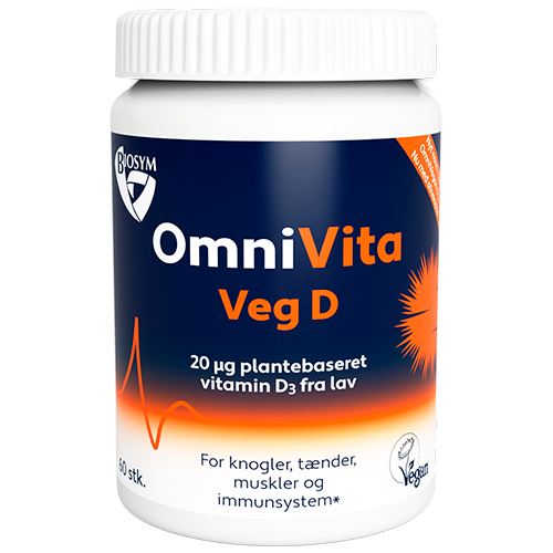Pakke med Biosym OmniVita Veg D vegansk D3-vitamin, 60 kapsler