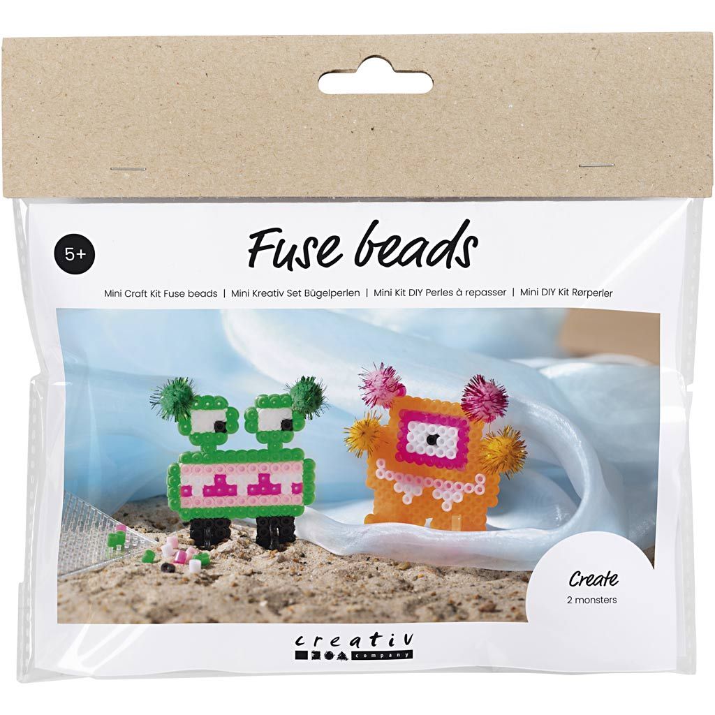 Mini DIY kit med rørperler og pomponer til 3D-monstre fra Creativ Company