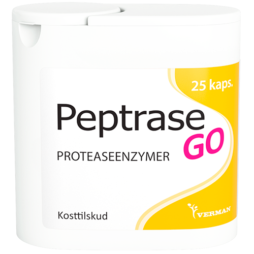 Pakke med Verman Peptrase GO kosttilskud med tre enzymer, 25 kapsler
