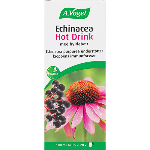 Flaske med A. Vogel Echinacea Hotdrink, varm drik med purpursolhat og hyldebær