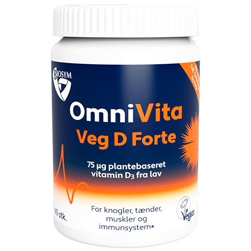 Pakke med Biosym OmniVita Veg D Forte vegansk D3-vitamin, 60 kapsler