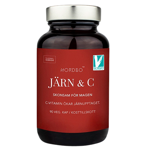Nordbo Jern & C vegansk jerntilskud med jernbisglycinat og vitamin C, 90 kapsler