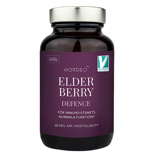 Nordbo Elderberry Defence, vegansk kosttilskud med sort hyldebær, vitamin C og zink