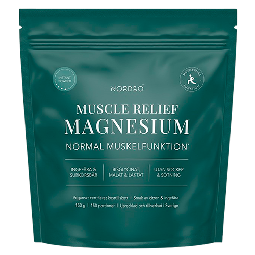 Pakning med Nordbo Muscle Relief Instant Magnesium vegansk pulver med citronsmag, 150 g