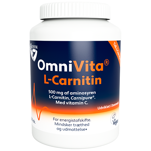 Beholder med Biosym OmniVita L-Carnitin vegansk kosttilskud, 100 kapsler