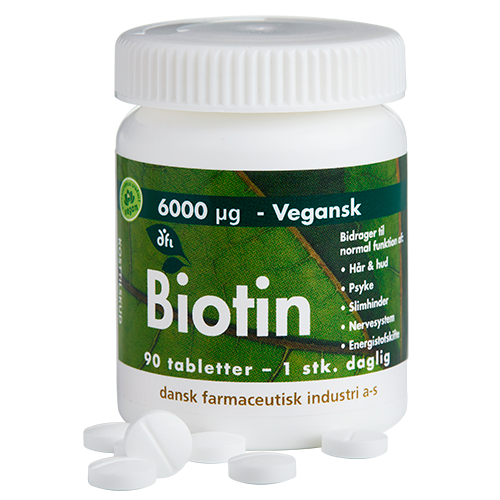 Pakke med Grønne Vitaminer Biotin 6000 µg, 90 synkevenlige tabletter
