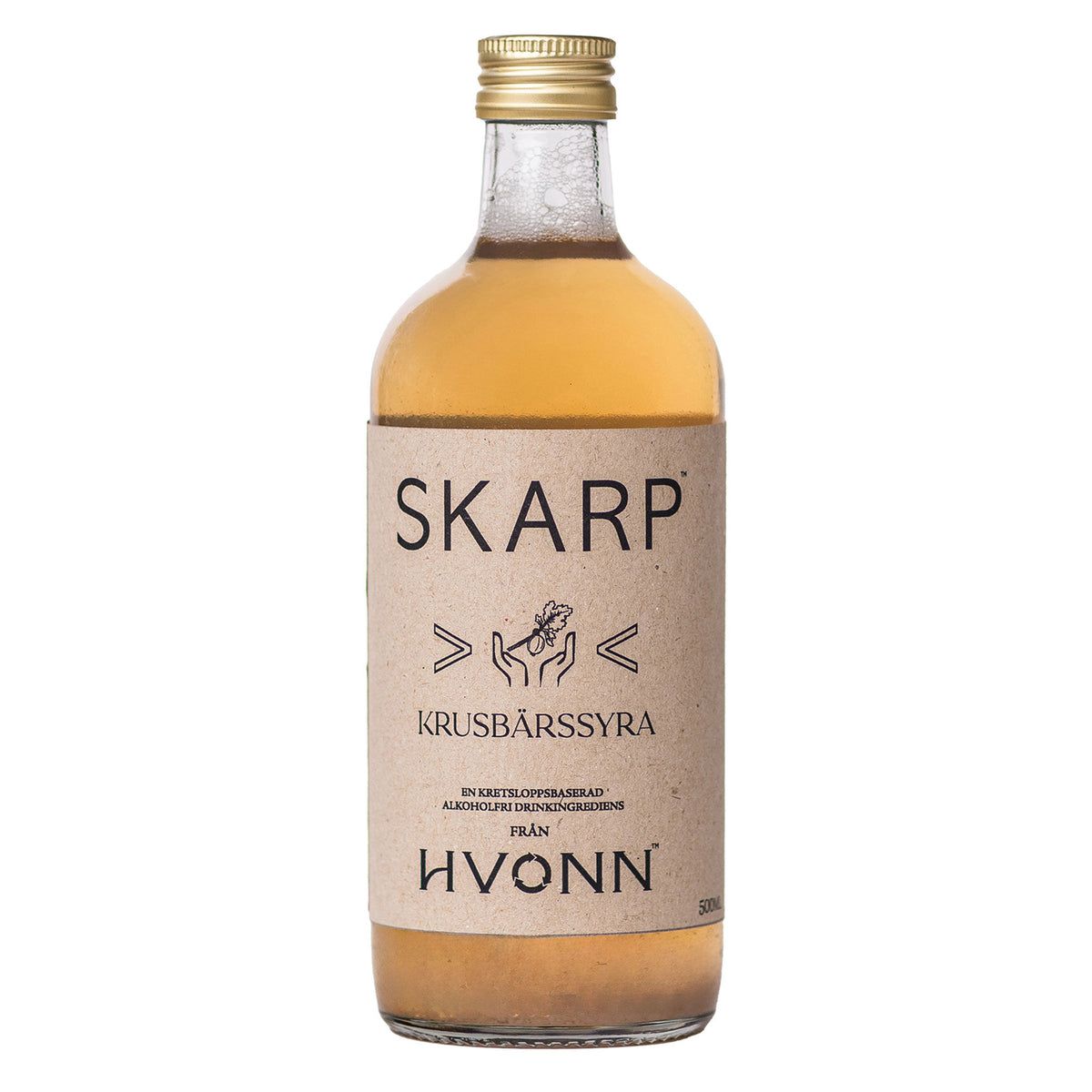 Flaske med Hvonn Skarp Krusbærsyre, drik af stikkelsbær, 500 ml