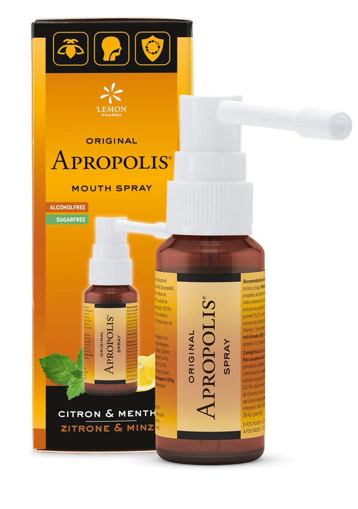 Flaske med Apropolis Propolis halsspray Citron & Mynte, 30 ml