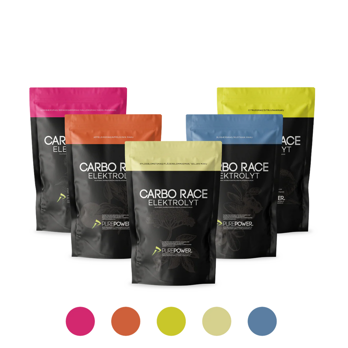 PurePower Carbo Race elektrolytpulver i poser, mix-pakke med 5