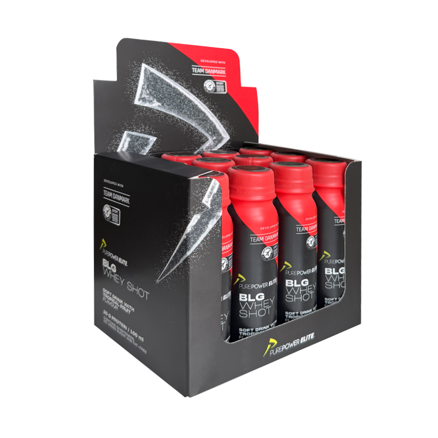 Kasse med PurePower Elite BLG Whey Shot proteinshots à 100 ml