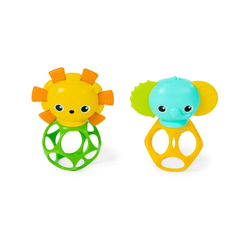 To Oball-bideringe fra Bright Starts formet som en løve og en elefant