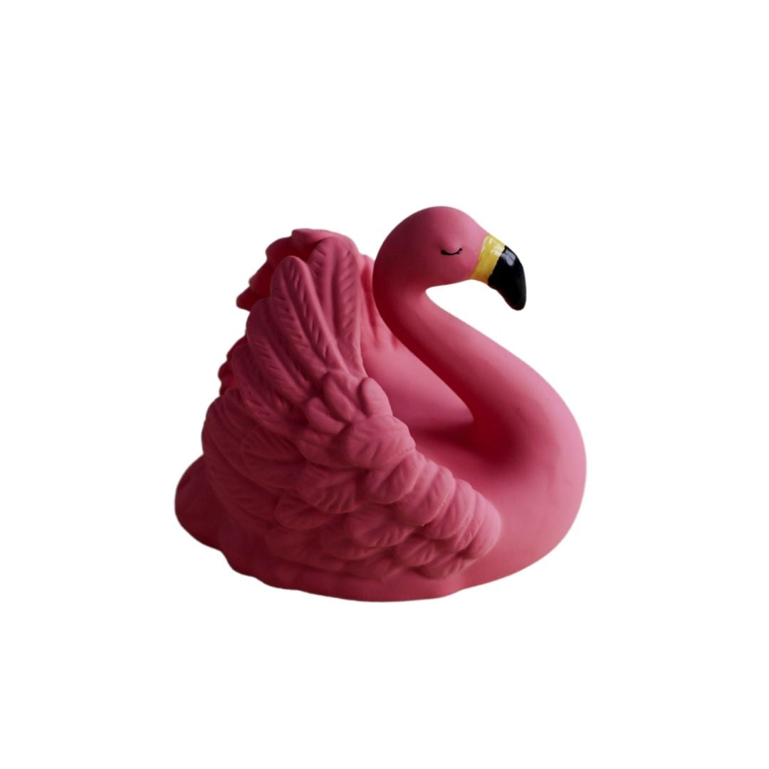 Pink badedyr formet som flamingo i naturgummi fra Natruba