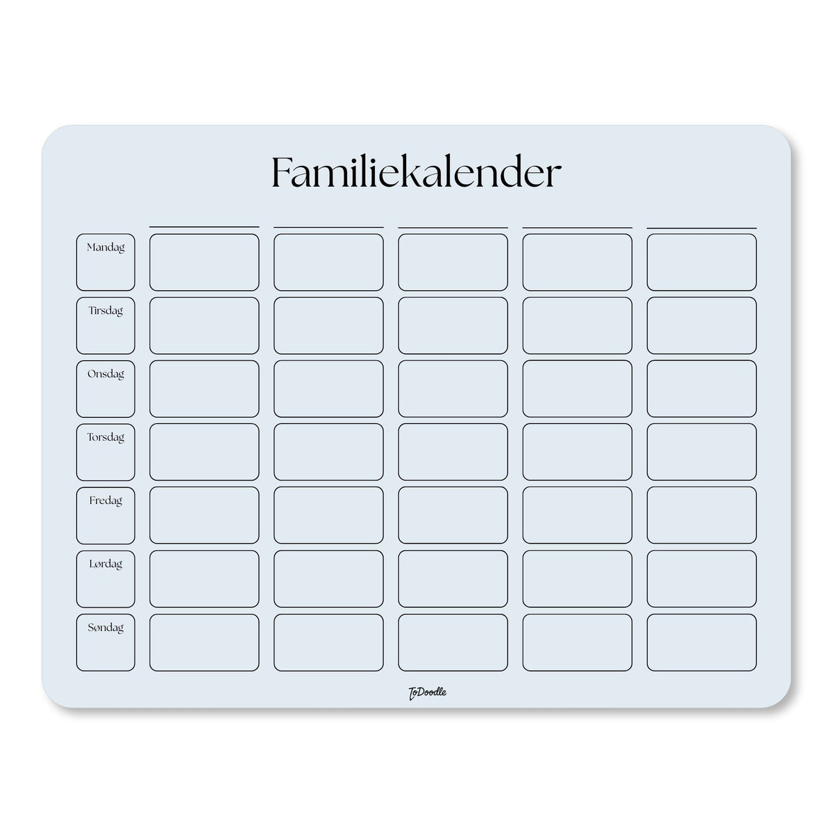 Blå ToDoodle familiekalender med stor skrivetavle til familiens aktiviteter