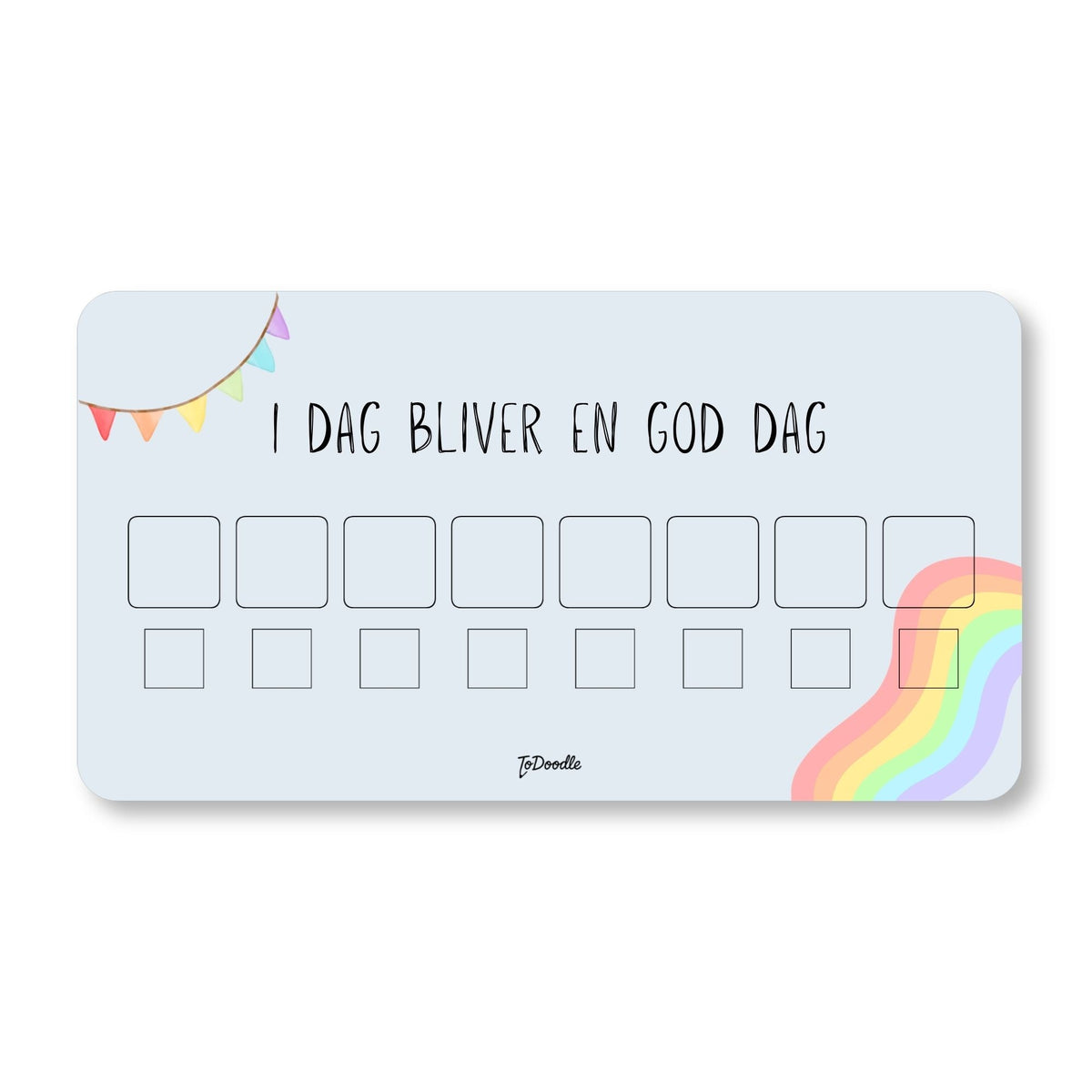 Blå ToDoodle rutinetavle til børn med illustrationer af dagens gøremål