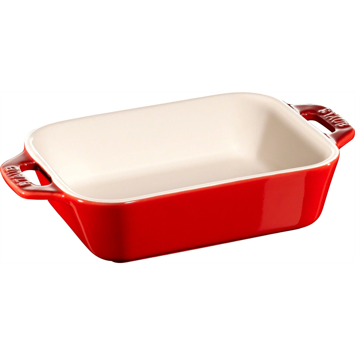 Rødt rektangulært Staub fad i emaljeret stentøj, 14 x 11 cm