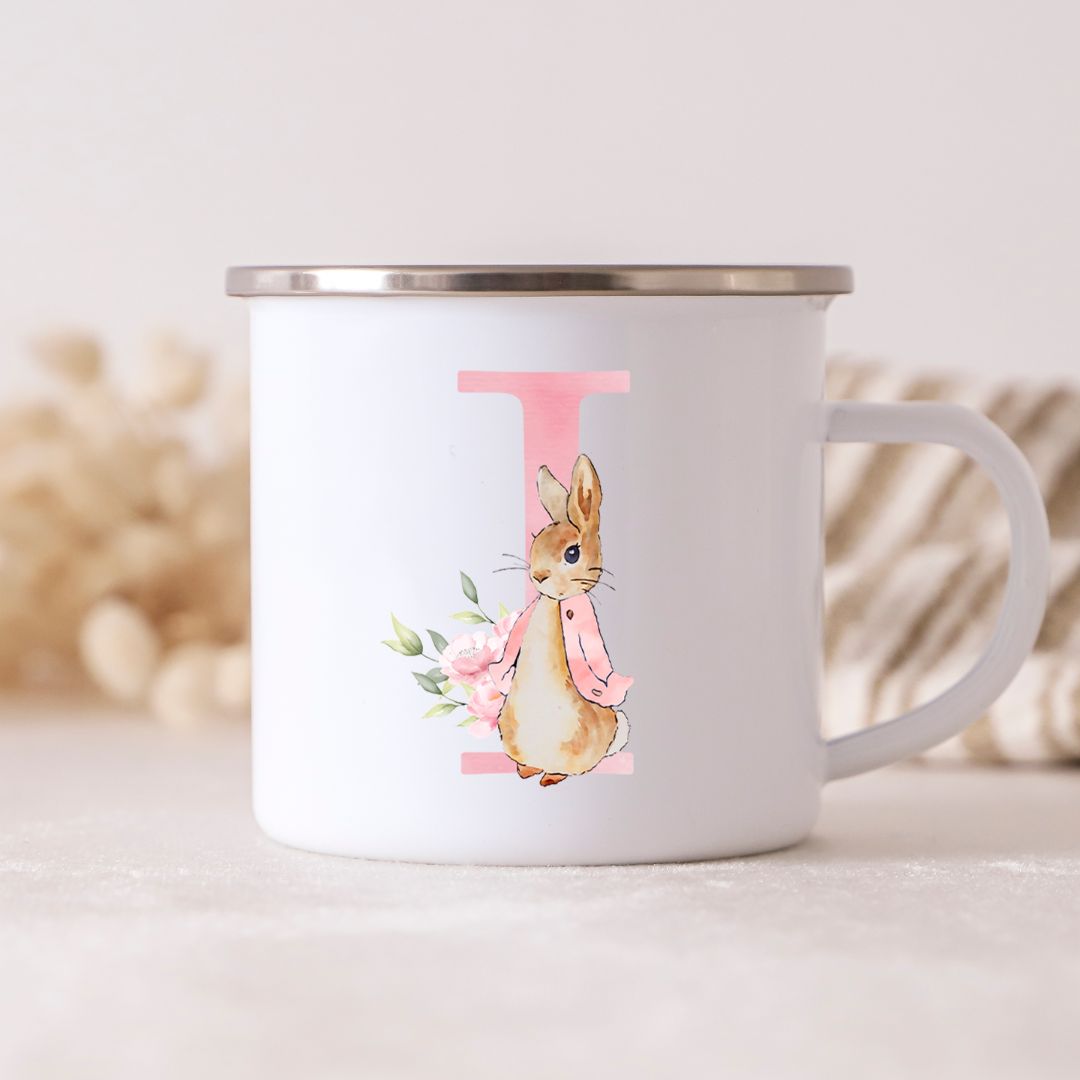 Hvid metalkop med rosa bogstavet I og kaninillustration fra My little Nordic