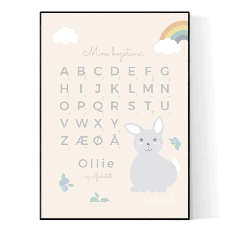 Personlig alfabetplakat med kanin og barnets navn i 50x70 cm ramme i sort træ