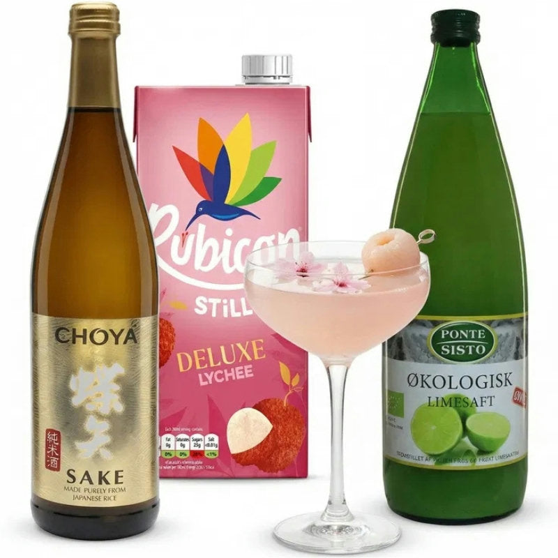 Drinkspakke til cocktailen Lychee Blossom med sake, litchi og limesaft