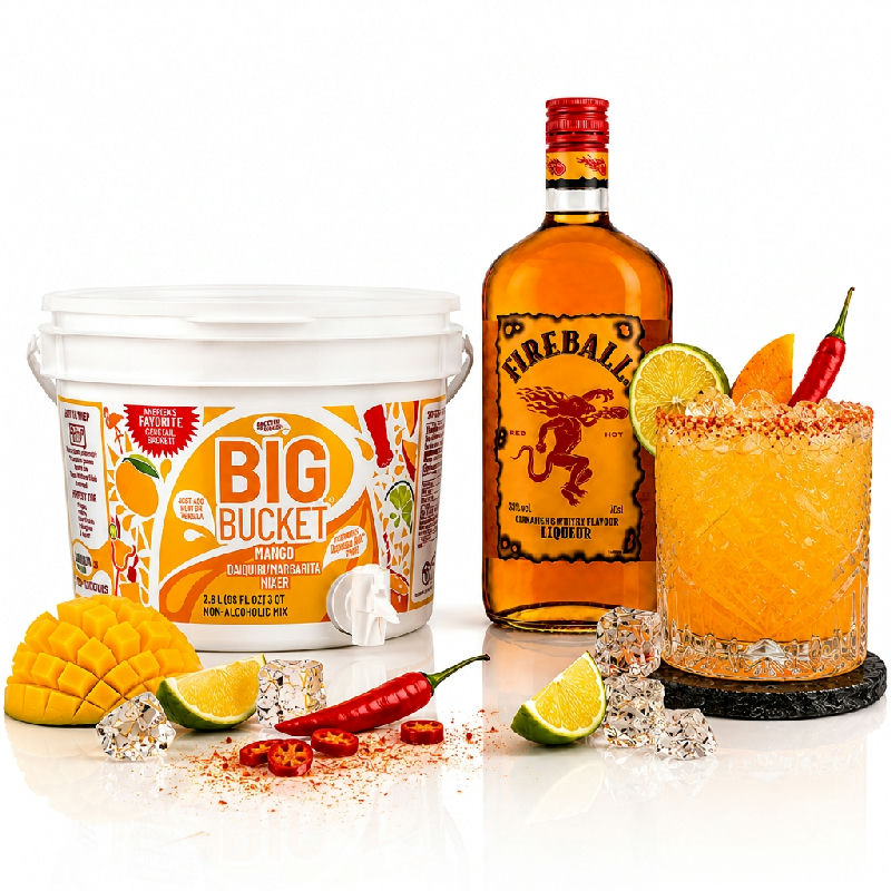 Big Bucket Mango Fire drinkspakke med mango og Fireball whiskylikør
