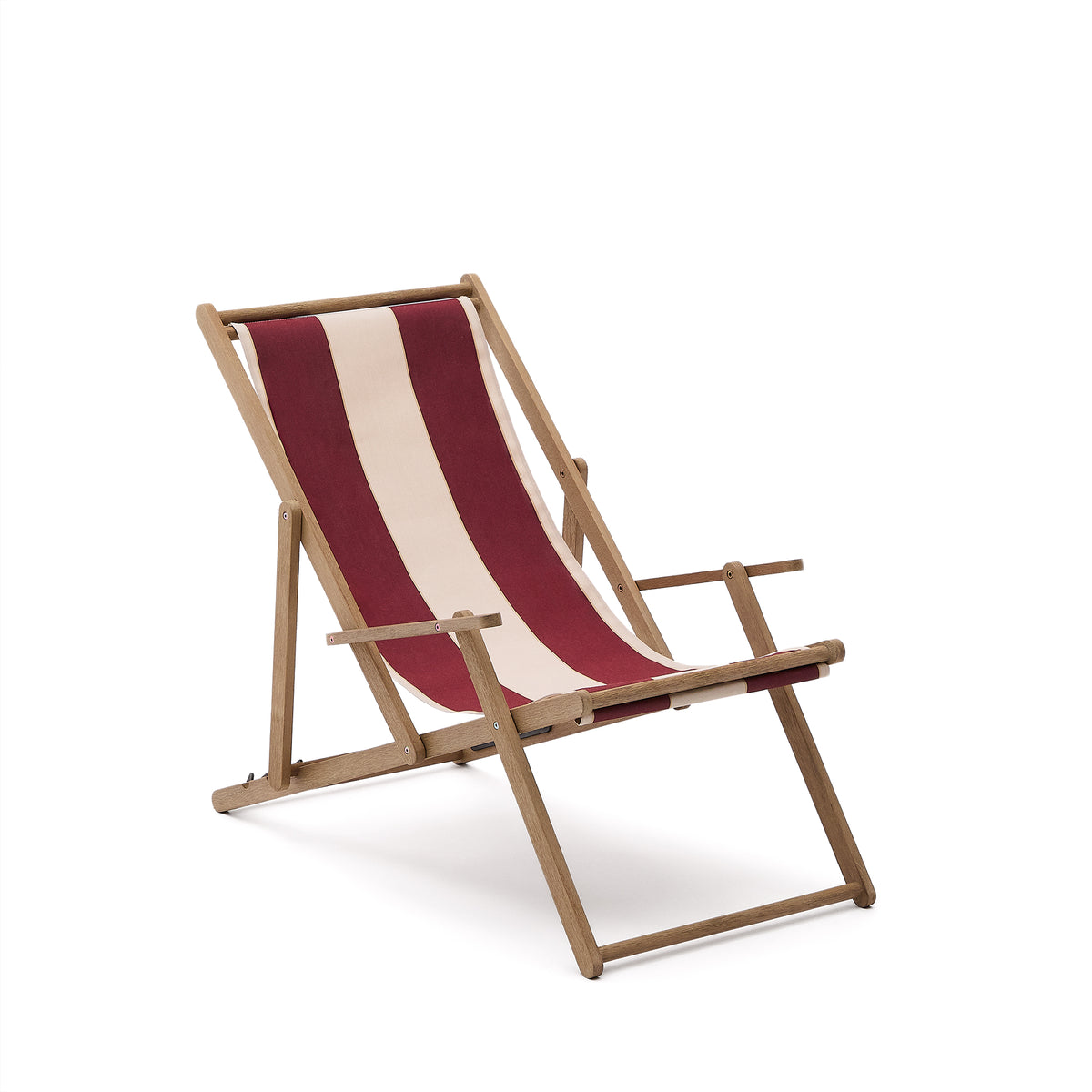 Kave Home Vilara foldbar liggestol i bordeaux og beige stribet stof med akacietræ