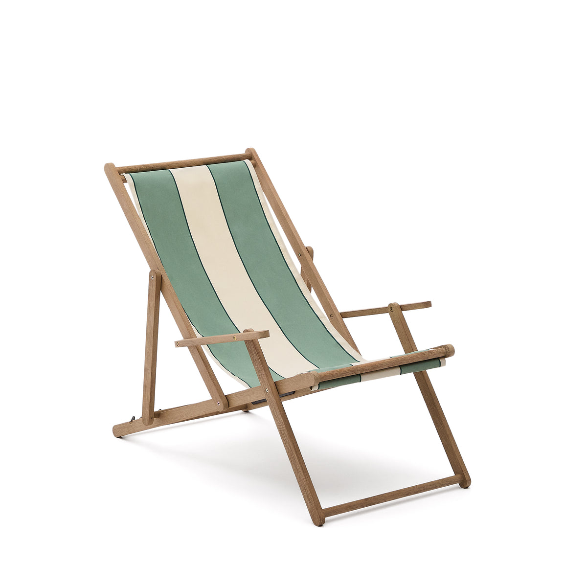 Foldbar liggestol fra Kave Home, Vilara, med grøn og beige stribet stof og akacietræ