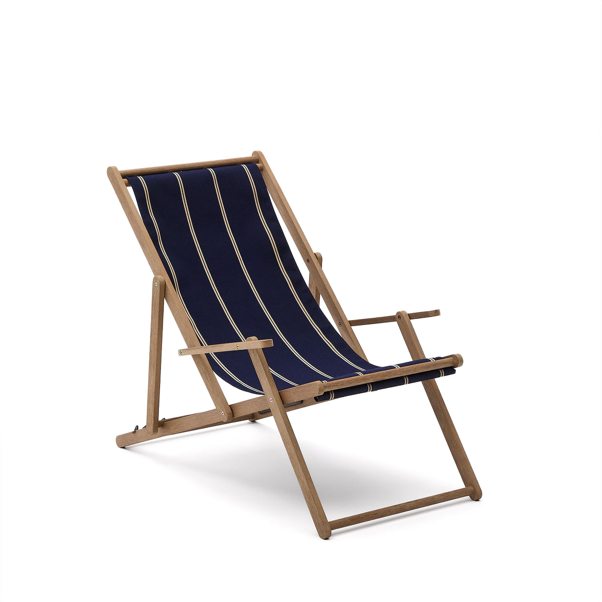 Foldbar liggestol fra Kave Home, Vilara, med blå og beige stribet stof og akacietræ