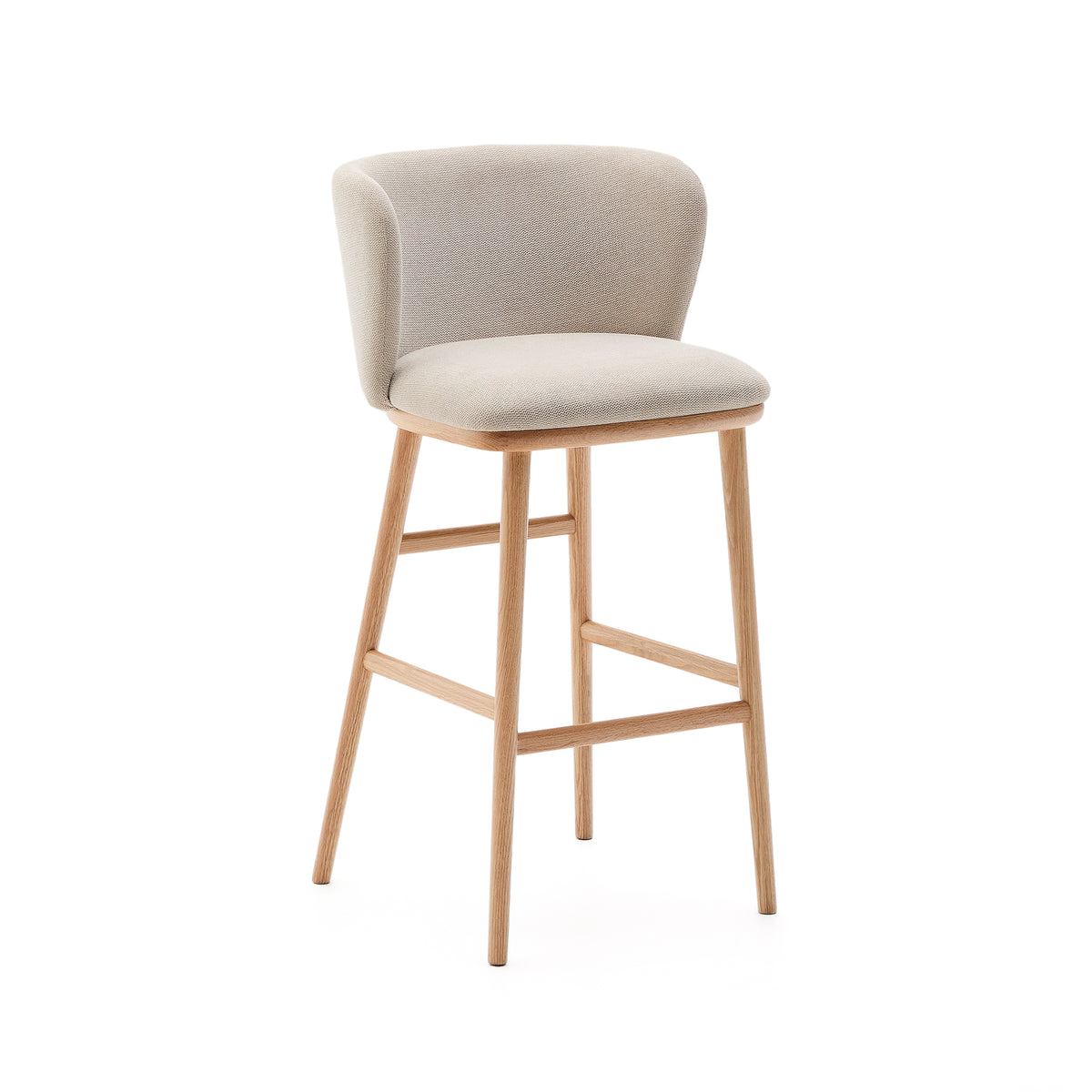 Beige Kave Home Ciselia barstol i chenille og asketræ med ryglæn og fodstøtte