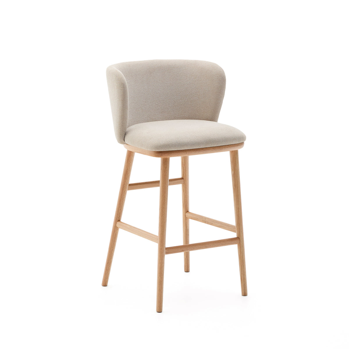 Barstol med ryglæn og fodstøtte i beige chenille og natur asketræ, Ciselia fra Kave Home