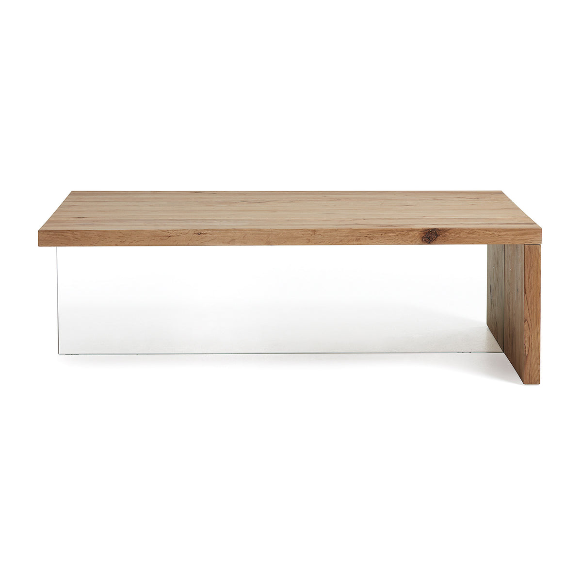 Rektangulært Tulsi sofabord fra Kave Home i natur egetræ og klar glas, 120x70 cm
