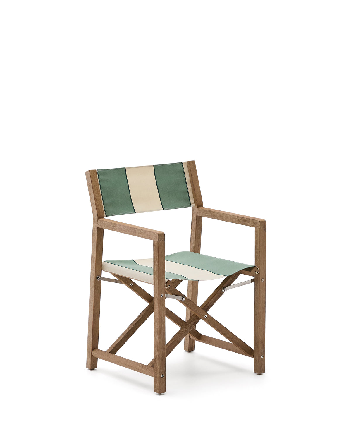 Kave Home Vilara foldbar havestol med armlæn i grøn og beige stribet stof og akacietræ