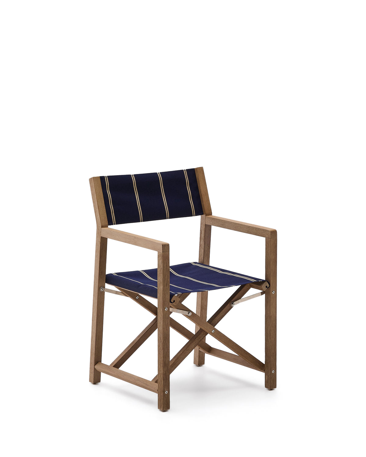 Kave Home Vilara foldbar havestol med armlæn i blå og beige stribet stof og natur akacietræ
