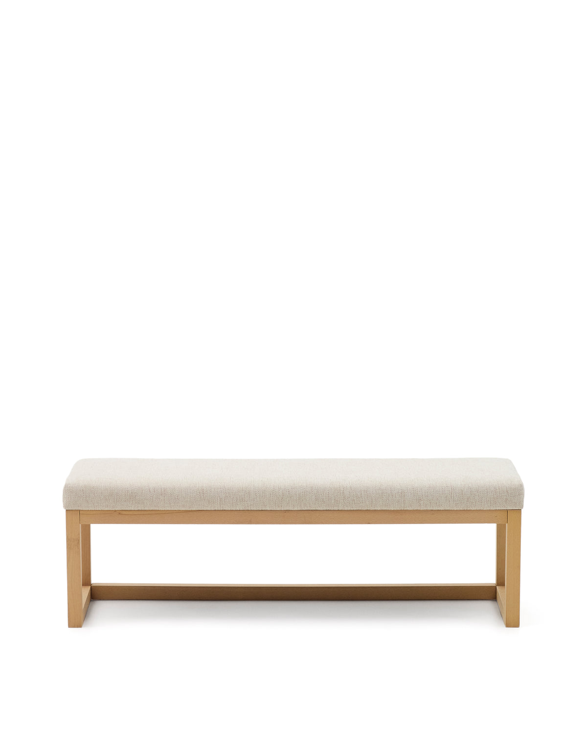 Kave Home Loya rektangulær bænk i beige chenille og natur bøgetræ, 128 x 42 cm