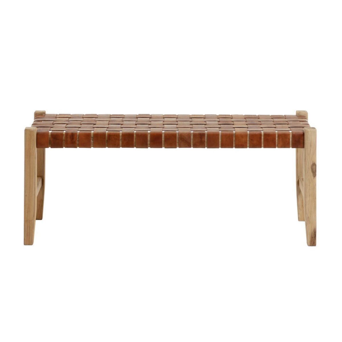 Rektangulær Calixta bænk fra Kave Home i brun læder og natur teaktræ, 120x40 cm