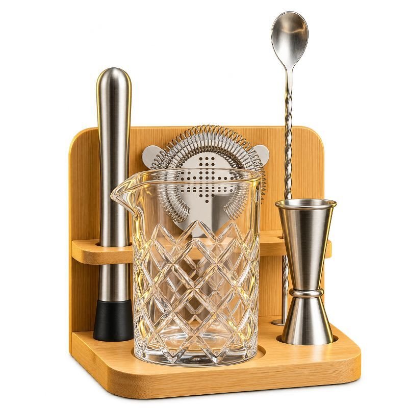 Cocktailglas-sæt i blyfrit krystal med mixerglas og stander i bambus, 6 dele