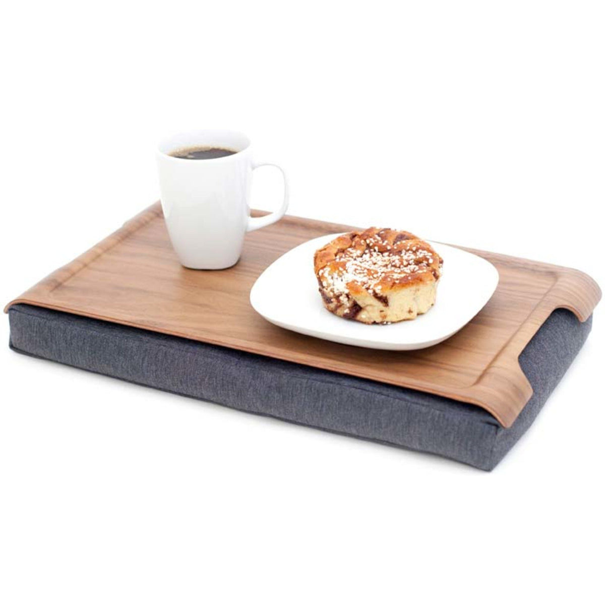 Bosign Mini Laptray bakke i valnøddetræ med grå pude af bomuld
