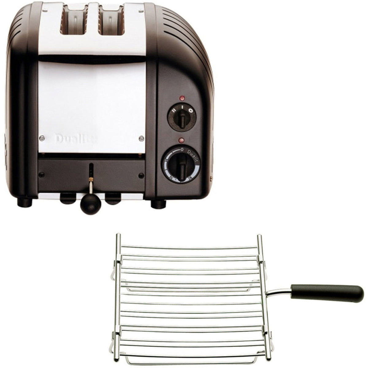 Sort Dualit Classic brødrister til to skiver med brødvarmer oven på
