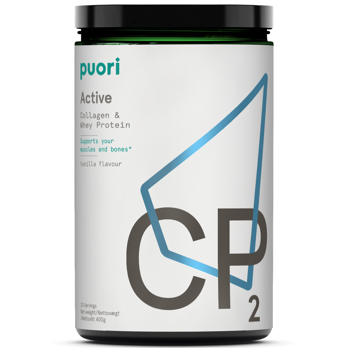 Pose med Puori CP2 Active Collagen & Whey Protein, vaniljesmag, 300 g