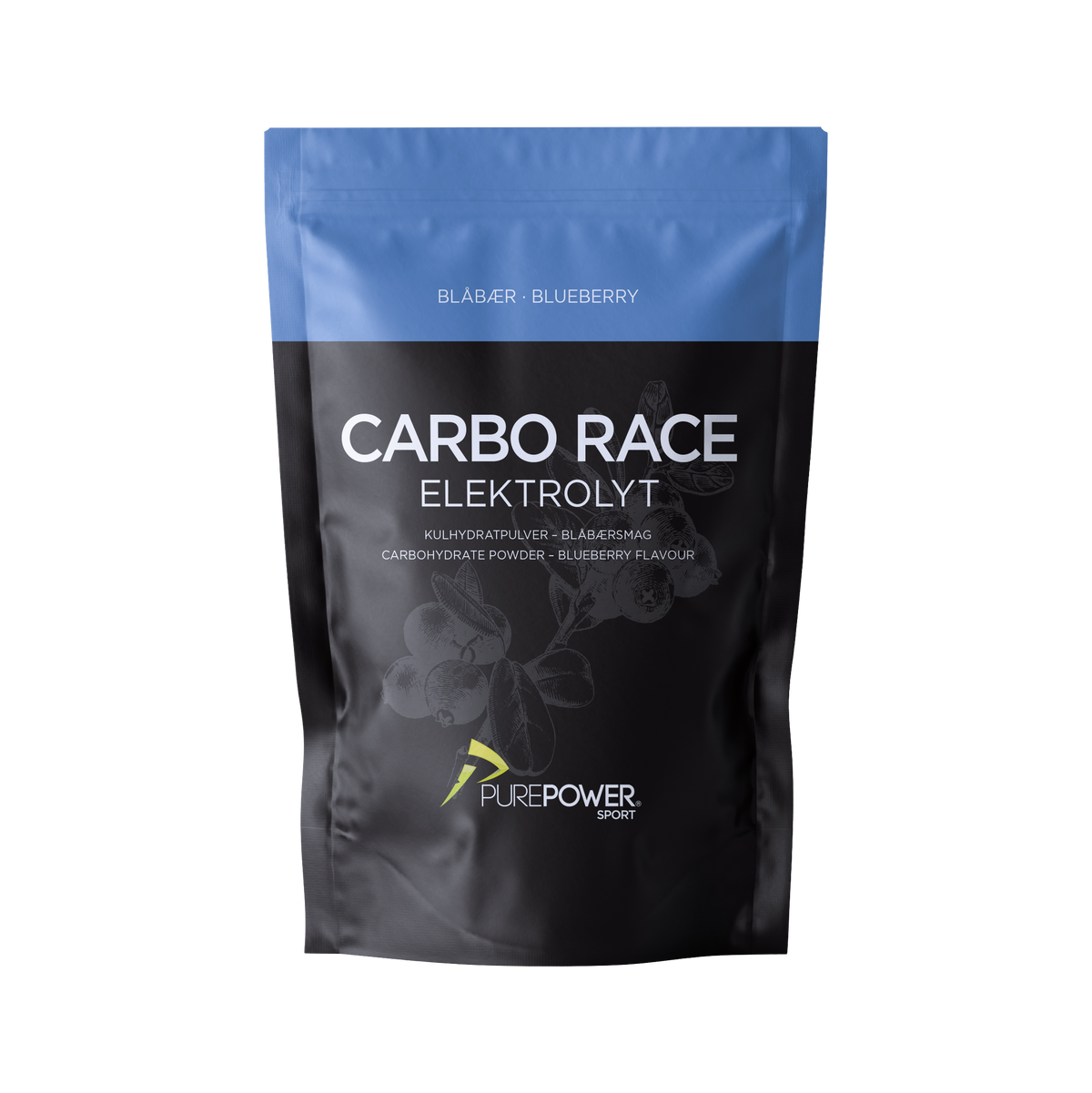 PurePower Carbo Race Elektrolyt pulverblanding med blåbærsmag i pakke på 1 kg