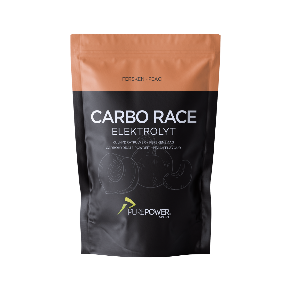 Carbo Race Elektrolyt med ferskensmag fra PurePower, pakke med 1 kg pulver til drikkedunken