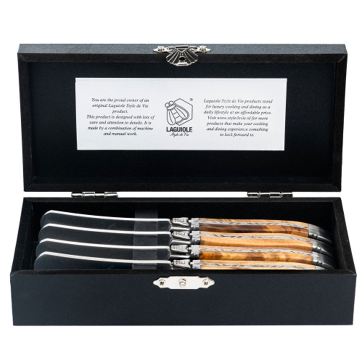 Fire Laguiole Style de Vie smørknive med skaft i oliventræ