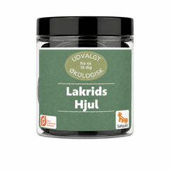 Bøtte med økologiske lakridshjul fra Solhjulet med låg