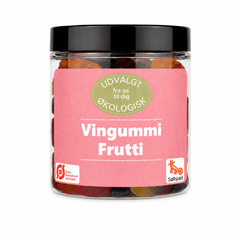 Bøtte med økologisk vingummi Frutti fra Solhjulet i flotte farver