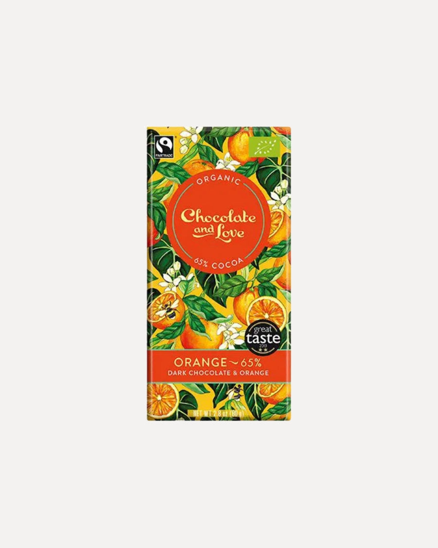 Plade økologisk chokolade med appelsin og 65 % kakao fra Chocolate & Love