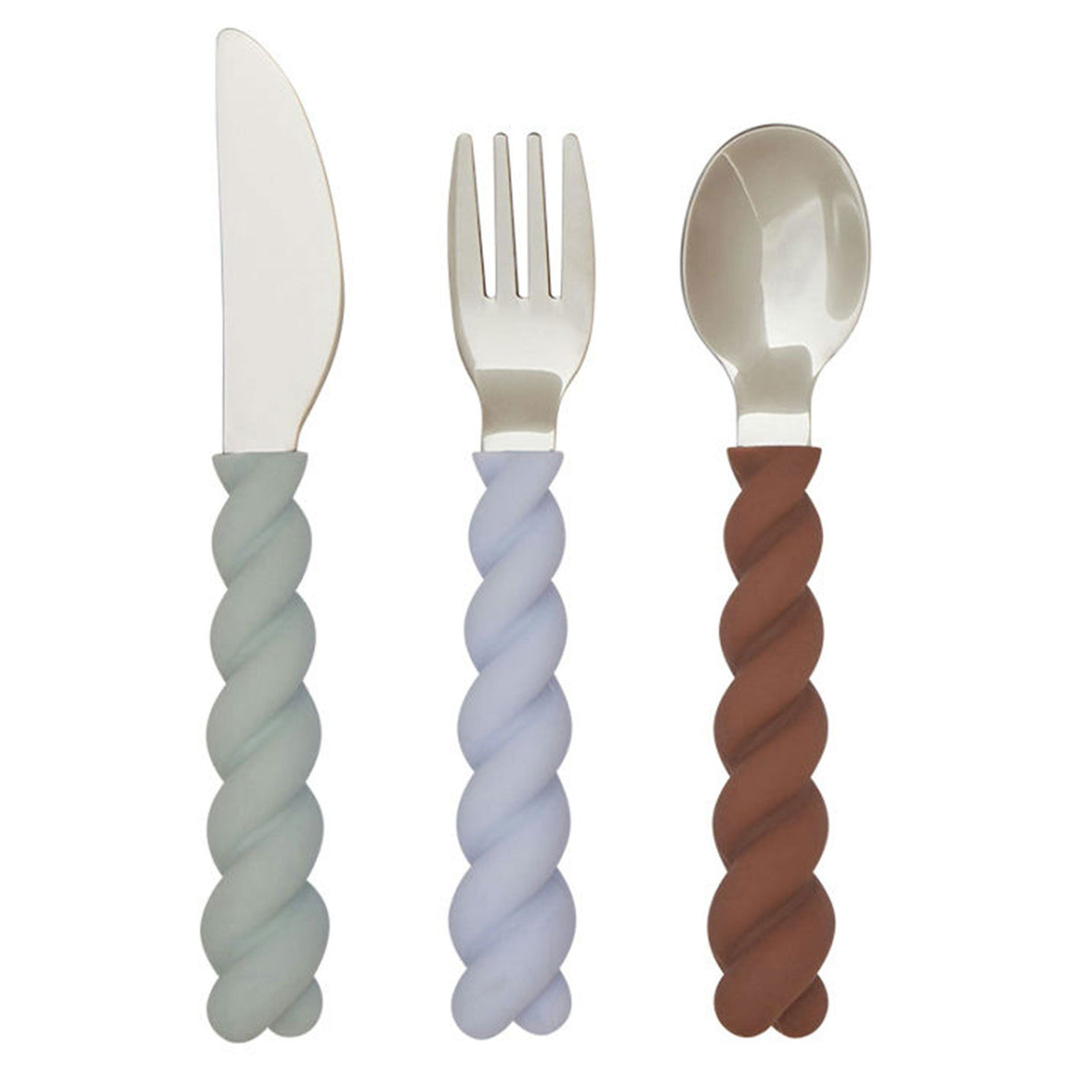 OYOY Mini Mellow børnebestik med kniv, ske og gaffel i mint, choko og blue