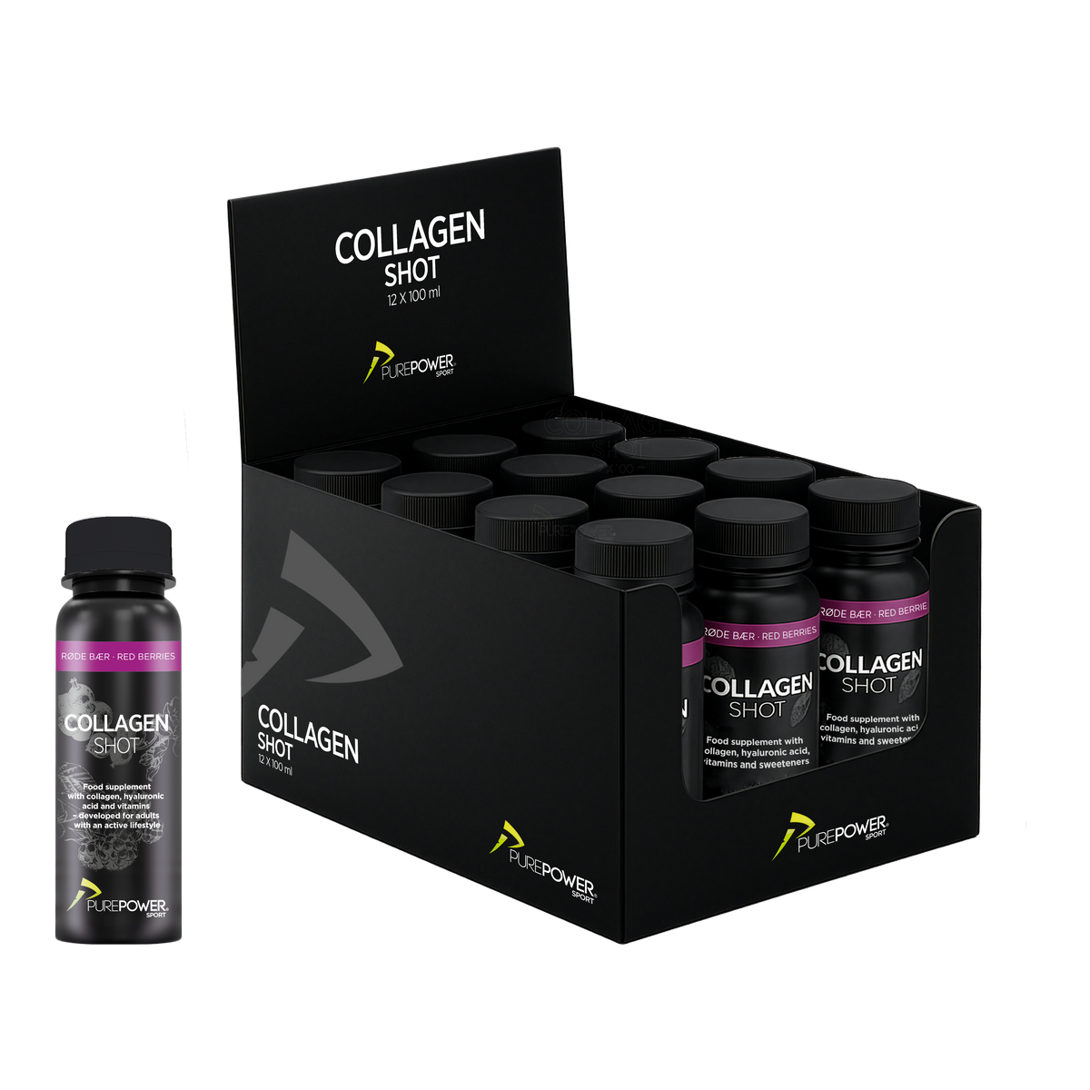PurePower Collagen Shot med rødebær, pakke med 12 shots